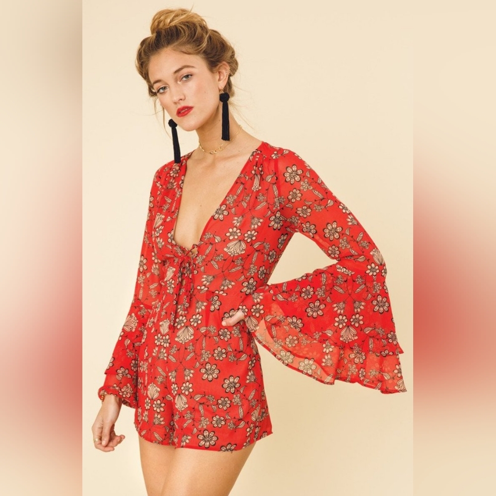 For Love And Lemons Pia Red Bell-Sleeve Romper S